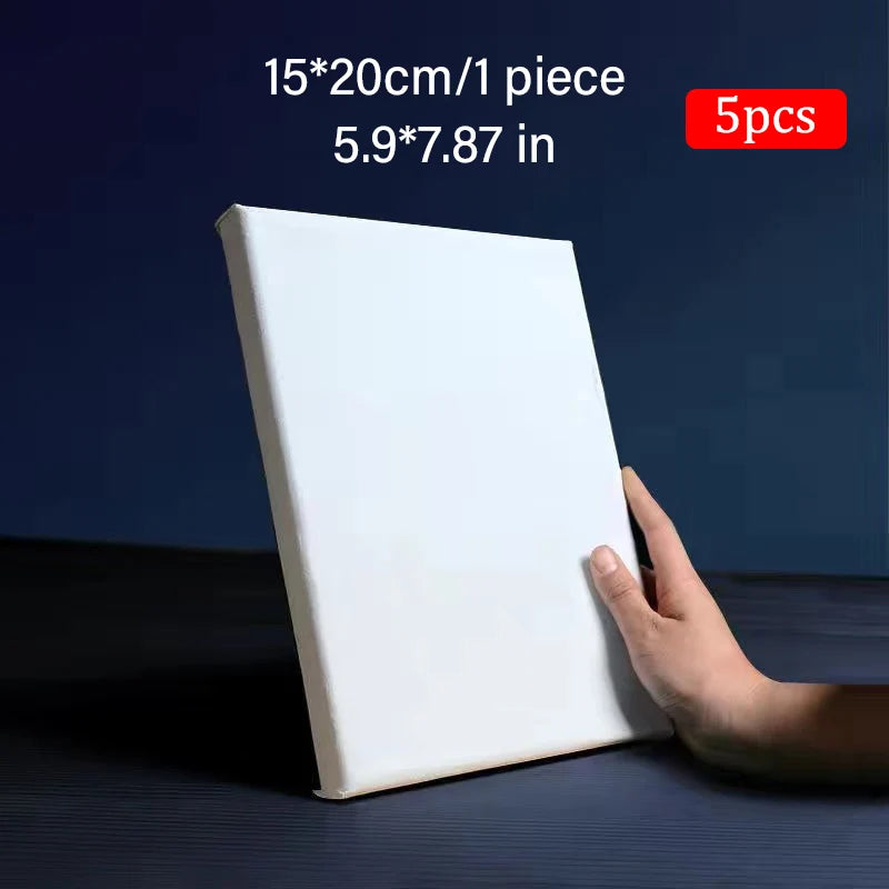 White square canvas held by a hand with product dimensions displayed on a dark background