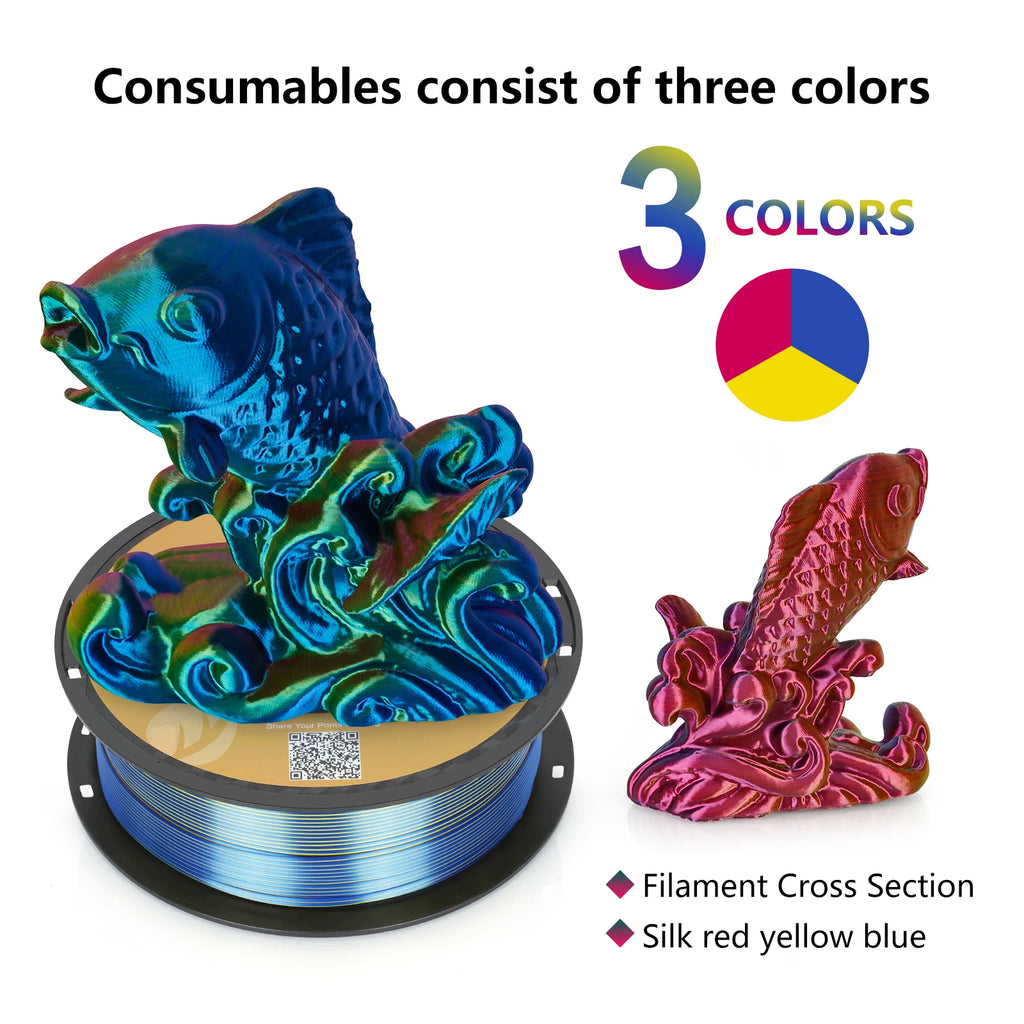 KINGROON Silk Tri-color PLA Filament 3D Printer 1.75mm 1KG/roll  Silk PLA Filament Plastic Material 3D Printing Special Color