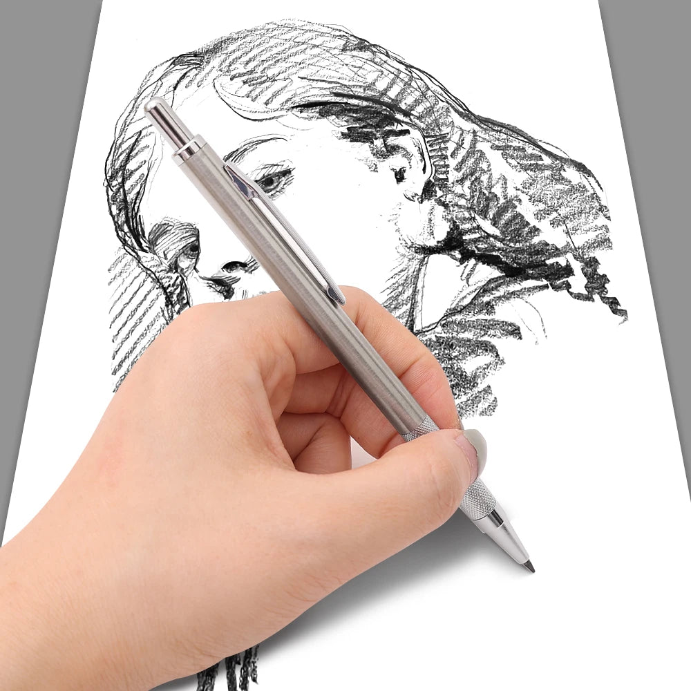 Metal Mechanical Pencil, Anti-Slip Grip — 0.3 to 2.0mm + Lead Refills