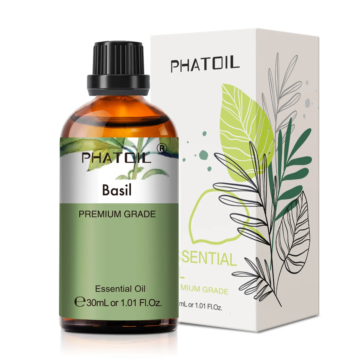 Bottle and box of Phatoil Basil essential oil on a white background