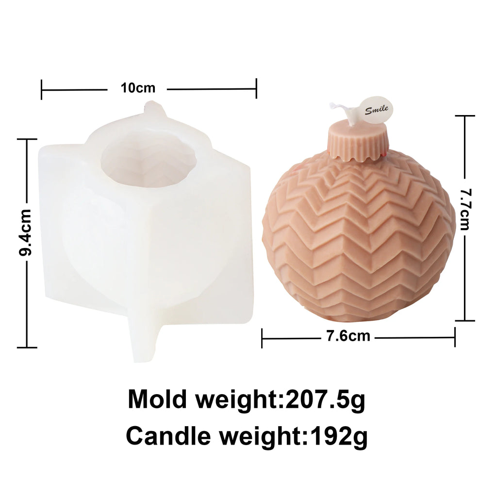 Zigzag ornament-ball mold and pink example candle diagram with separate mold and casting measurements