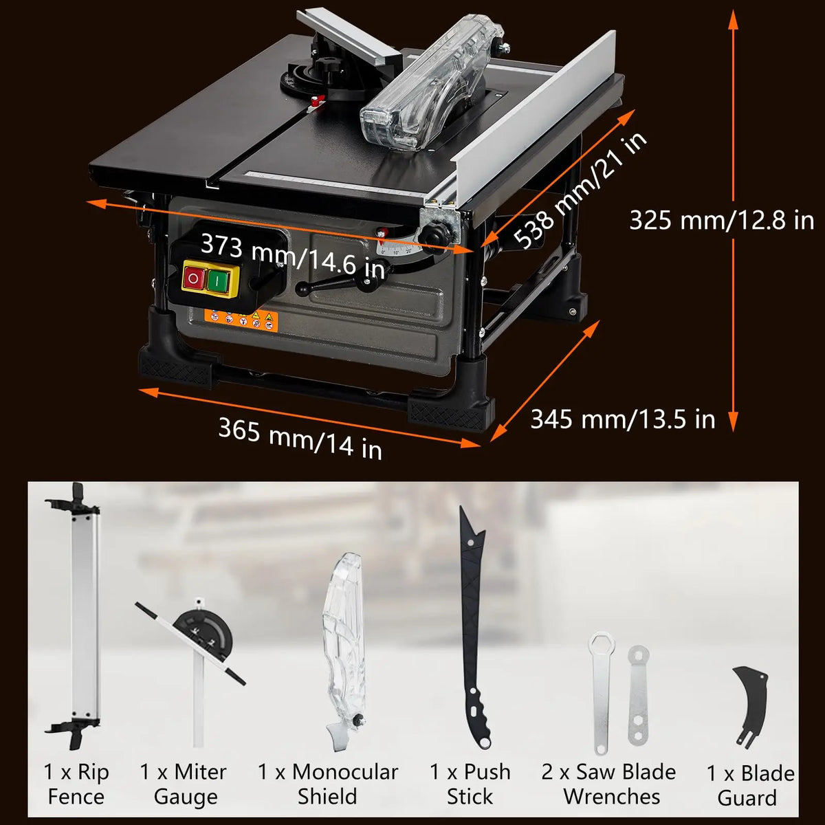 Table saw with dimensions and accessories on a black background