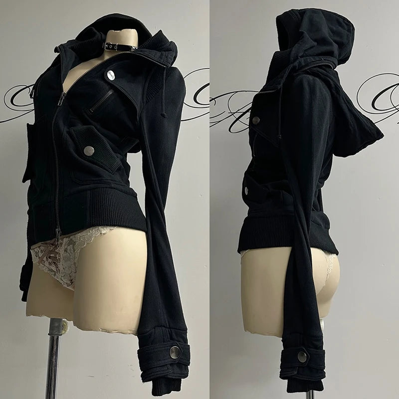 Hoodie Women's Gothic Fur Collar Zip Cardigan Slim Grunge Y2K Harajuku Winter