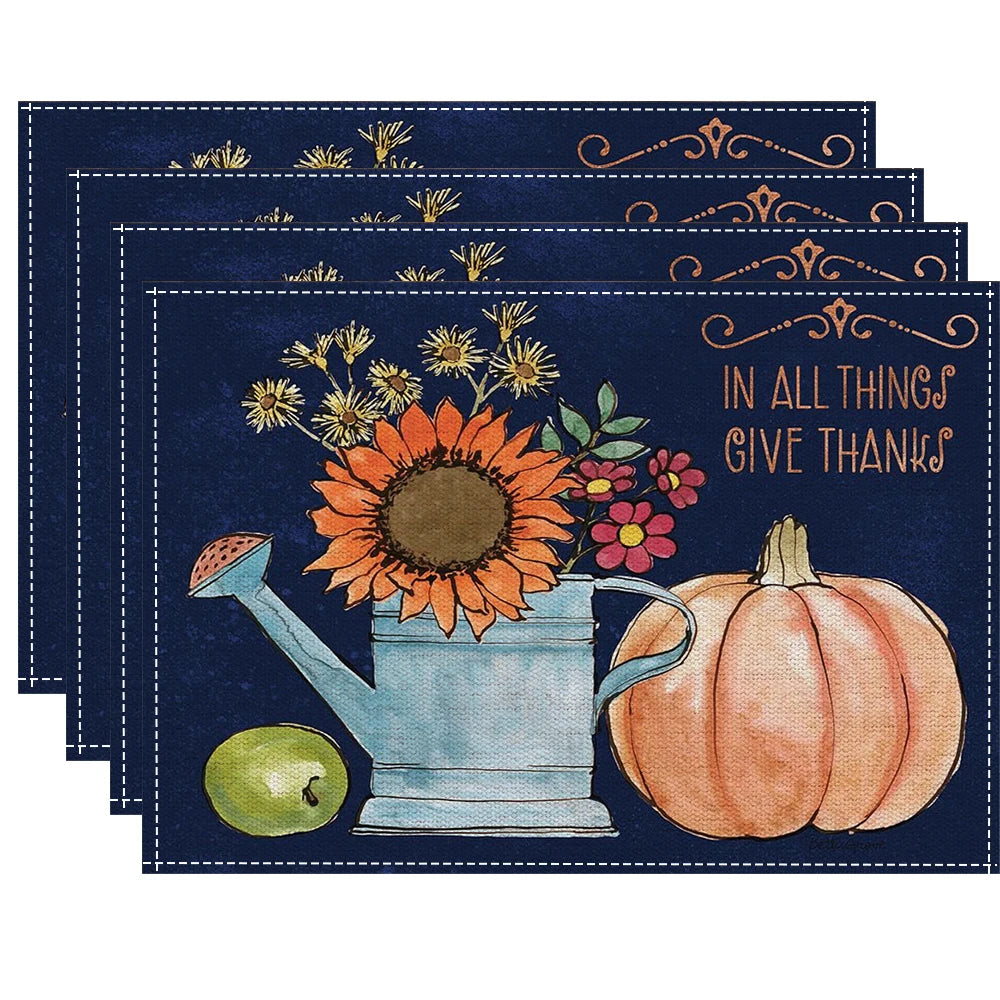 Fall Thanksgiving Linen Placemats, 13 Designs, Sets of 4/6/8, 16.5x12.6 in