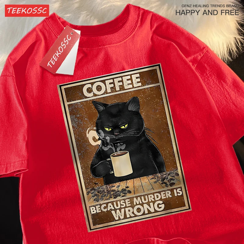 T-Shirt Unisex Coffee Because Murder Is Wrong Black Cat Humor Graphic Tee