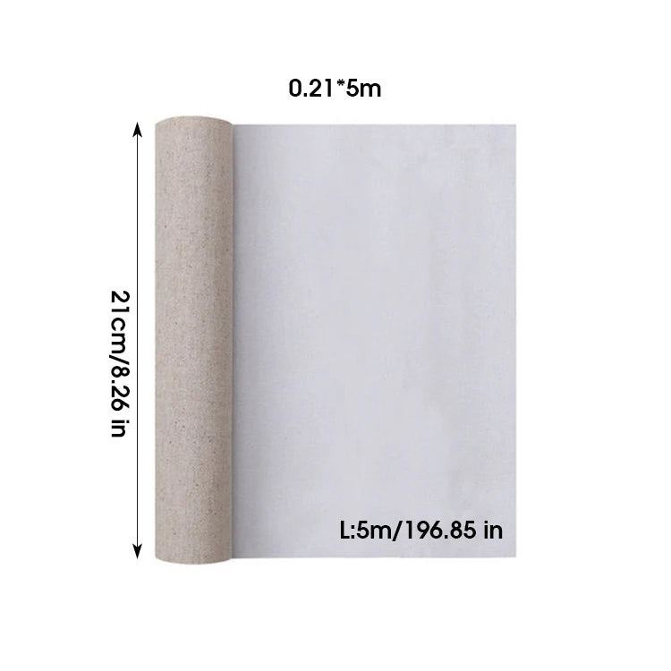 A roll of light gray canvas shown partially unrolled, with black text indicating dimensions: 0.21*5m at the top and L:5m/196.