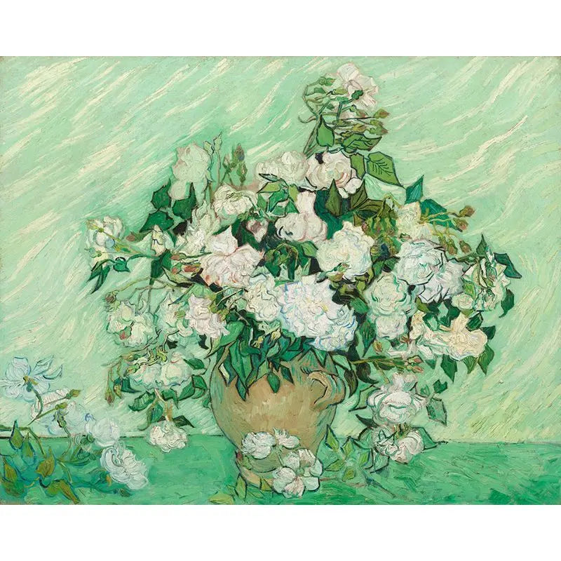 Painting of a vase with white flowers on a green background