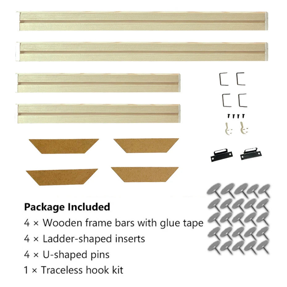 Packaging of wooden frame bars with glue tape, ladder-shaped inserts, U-shaped pins, and a traceless hook kit on a white background.