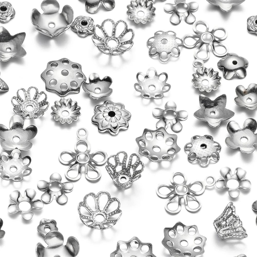 Metal Beads Stainless Steel Cap Steel Tone Flower Filigree End Bracelet Supplies