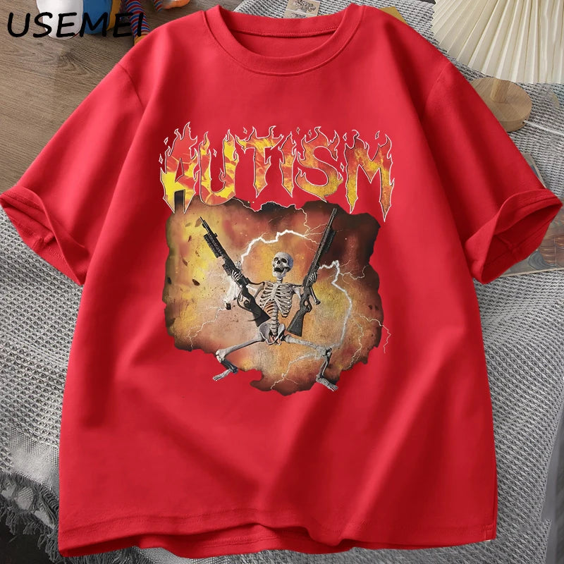 T-Shirt Autism Flame Text Skeleton Graphic Cotton Short Sleeve Unisex Tee