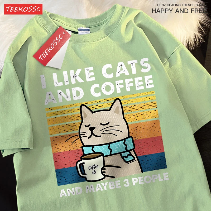 T-Shirt Unisex I Like Cats and Coffee and Maybe 3 People Funny Graphic Tee