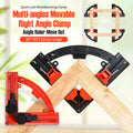 A multi-angle woodworking clamp set shown on a light wood board, with text overlays describing features such as 'Multi-angles Movable Right Angle Clamp' and 'Angle Ruler Move Out 30°-90°Clamp range.' The image includes a circular inset showing the clamp arranged in a square, a red-and-black L-square tool, and a black-and-orange triangular angle tool.