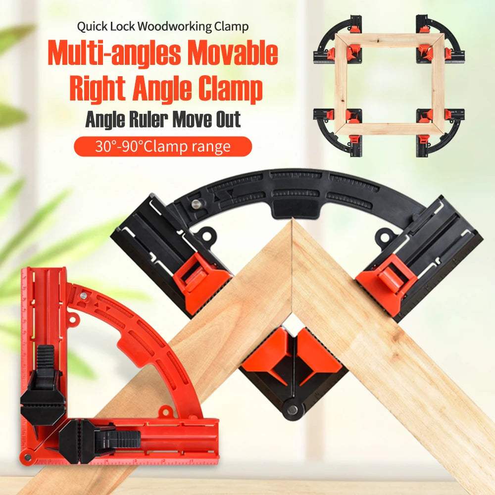 A multi-angle woodworking clamp set shown on a light wood board, with text overlays describing features such as 'Multi-angles Movable Right Angle Clamp' and 'Angle Ruler Move Out 30°-90°Clamp range.' The image includes a circular inset showing the clamp arranged in a square, a red-and-black L-square tool, and a black-and-orange triangular angle tool.