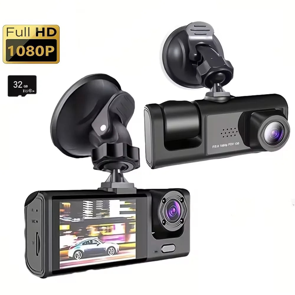 Car dashboard camera with screen and suction cup on a white background