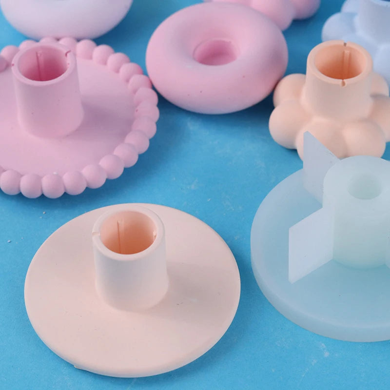 Round Candle Holder Silicone Mold Nordic Candlestick Cement Plaster Craft Mould DIY Cute Flower Shape Resin Candle Stand Molds