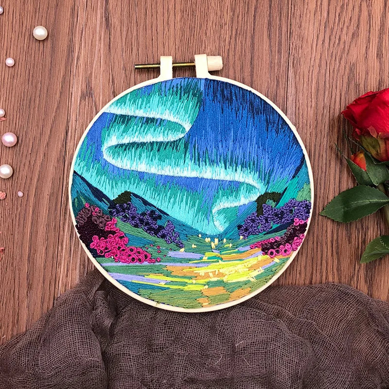 Embroidery Kit, Aurora Night Sky Scenery for Handmade Hoop Art & Decor