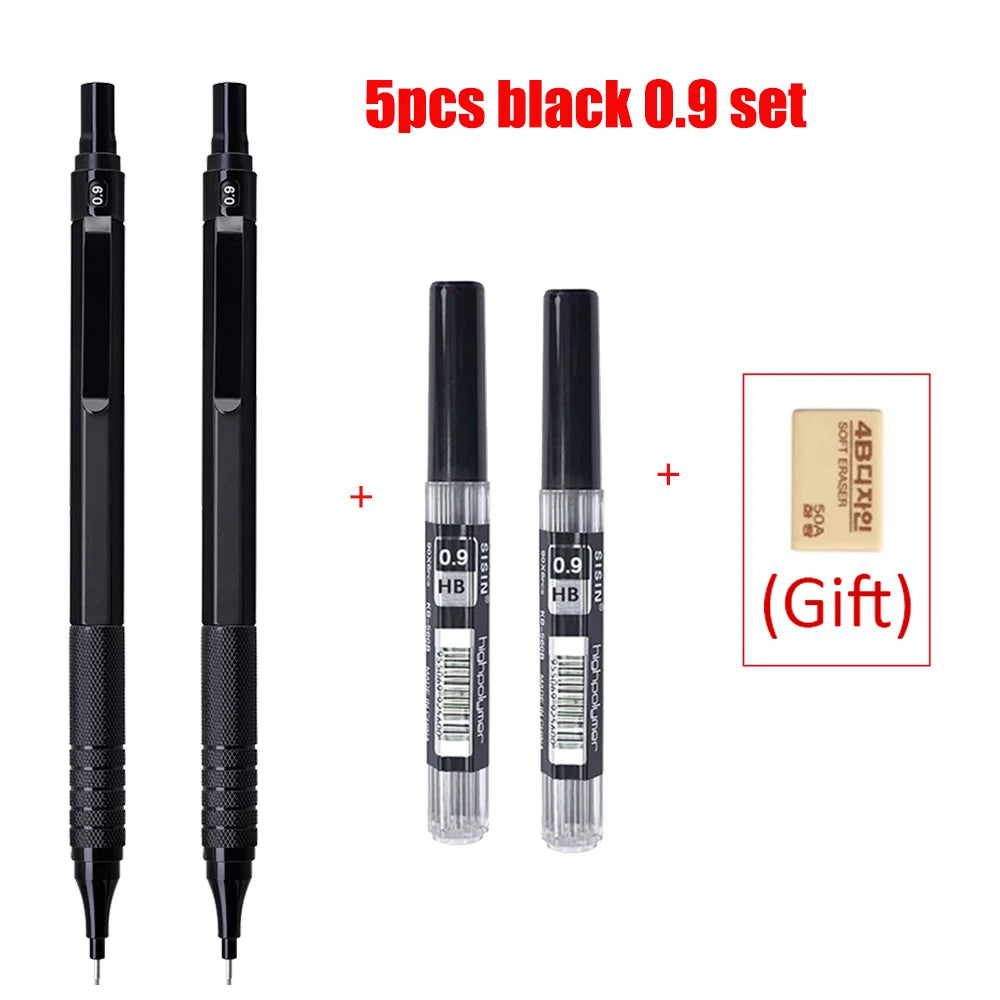 Mechanical Pencil Set, 5 Piece Metal — 0.5 to 2.0mm, Black or Silver