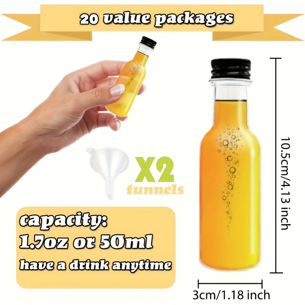 Mini Bottles Empty Plastic Gold Silver or Black Caps with Funnels 20 Pack