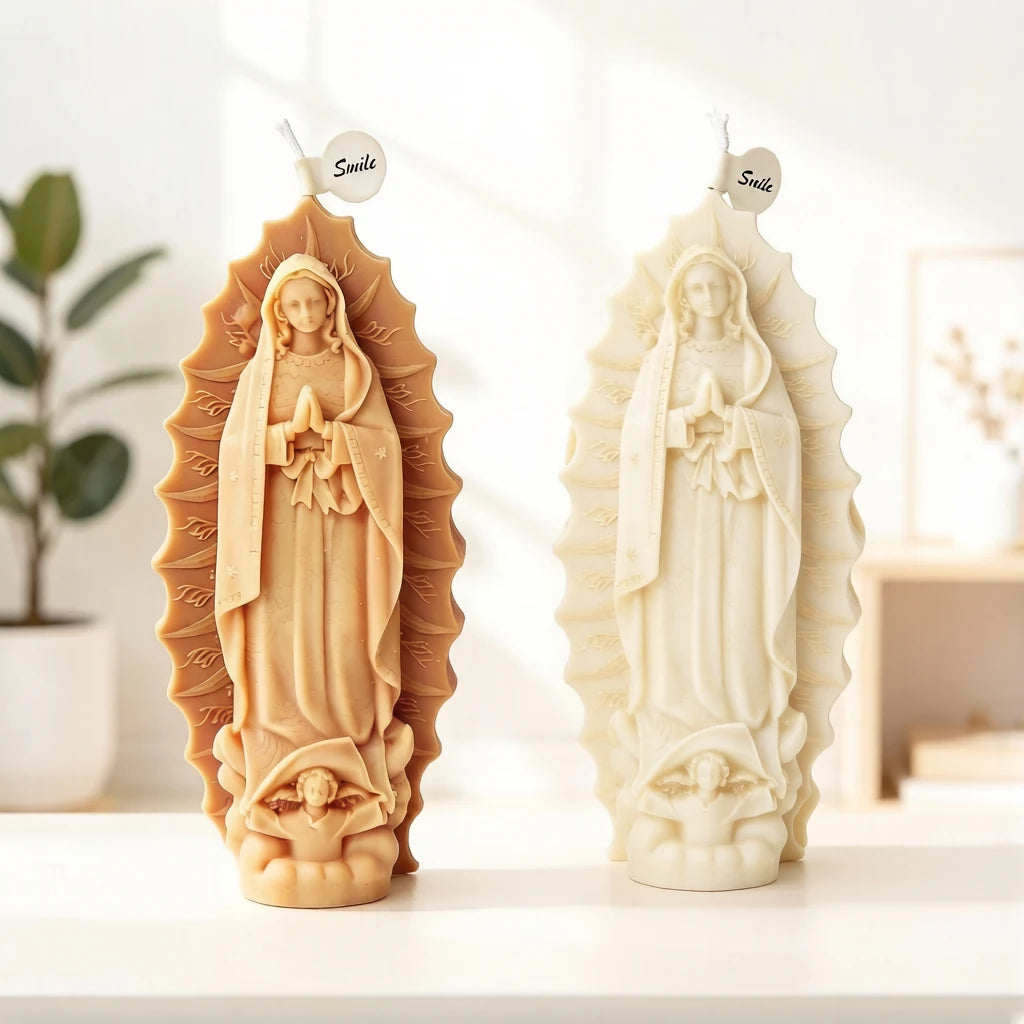 Tan and ivory example Virgin Mary castings with praying hands, radiating surround and angel base