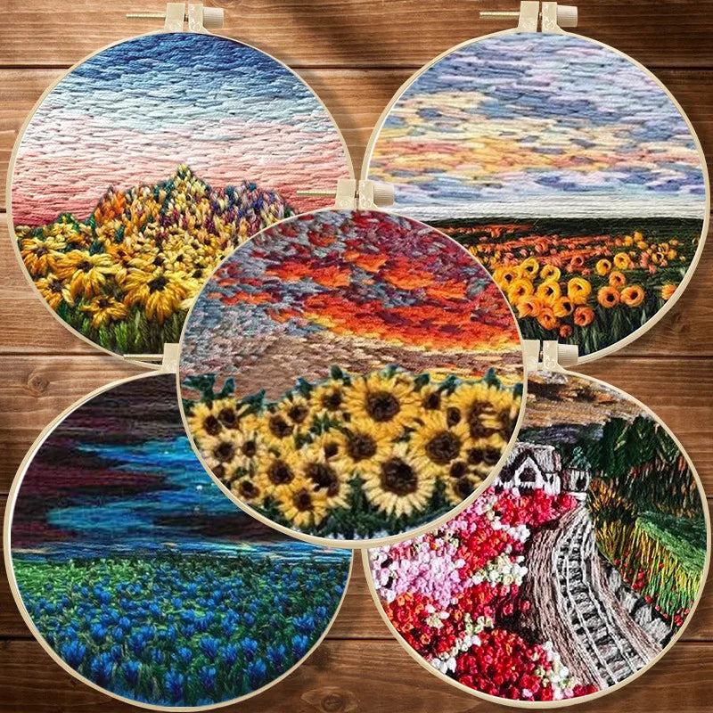Embroidery Kit, Scenery Patterns with Hoop for Beginner Needlework Crafts