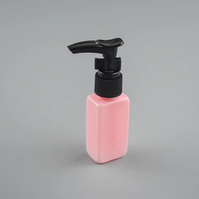 Pink rectangular PET bottle with black pump dispenser