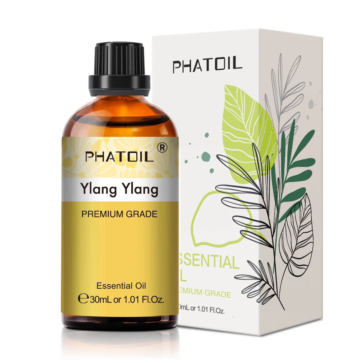 Phatoil Ylang Ylang essential oil bottle and packaging on a white background