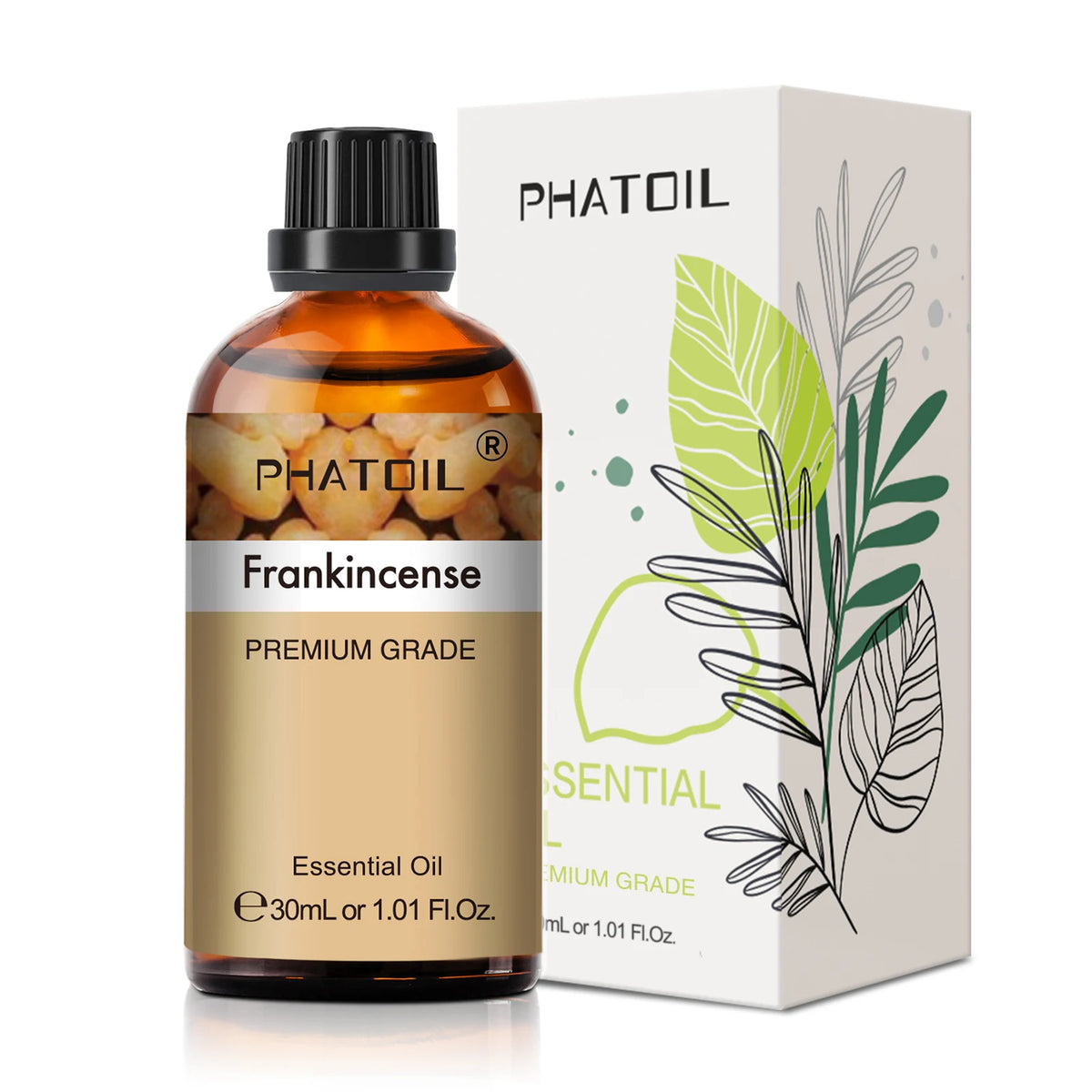 Phatoil Frankincense essential oil bottle and packaging on a white background