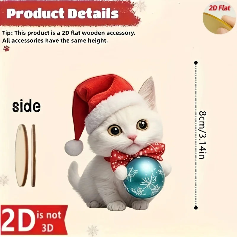 Product details graphic for a 2D flat wooden cat accessory, showing a white cat wearing a red Santa hat and bow tie while holding a blue ornament, with side views of the wooden pieces and height measurement labeled 8cm/3.14in.