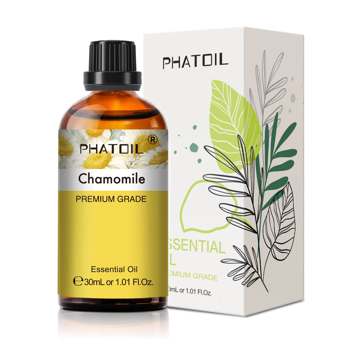 Phatoil chamomile essential oil bottle and packaging on a white background