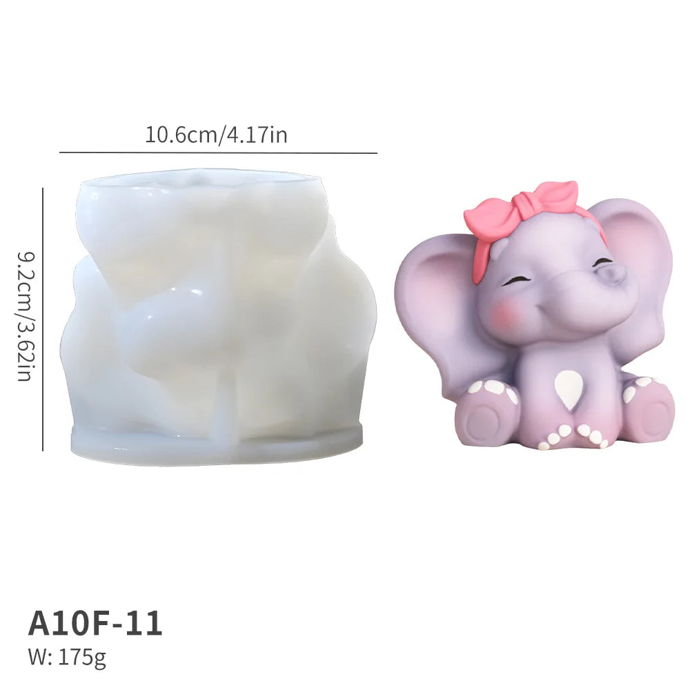 A small elephant-shaped decorative figurine shown beside its matching molded container or mold, with dimension lines and text indicating 10.6 cm by 9.