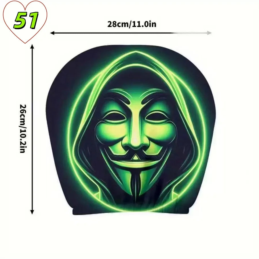 A headrest cover shown front-on with dimension arrows and labels indicating 28 cm width and 26 cm height, on a plain white background. The garment has a black base with a bright neon green graphic of a Guy Fawkes mask and glowing green outline.