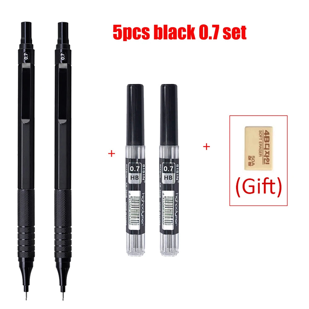 5-Piece Metal Mechanical Pencil Set — 0.5 to 2.0mm, Black or Silver