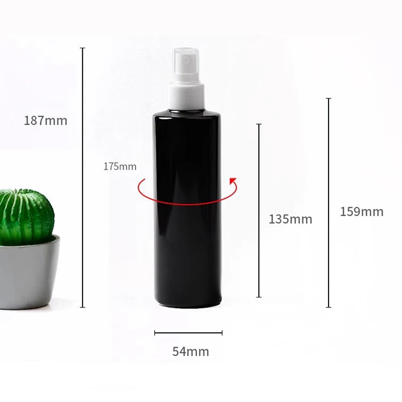 Black empty spray bottle dimension diagram showing 7.36 in height and 2.13 in width (187 × 54 mm)