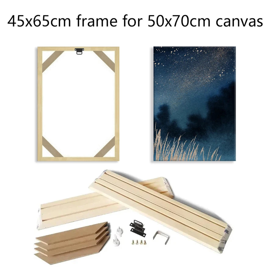 Canvas frame kit components on a white background, including a wooden frame template, a sample wall art print, multiple wooden frame pieces, and mounting hardware. Text at the top reads '45x65cm frame for 50x70cm canvas'.