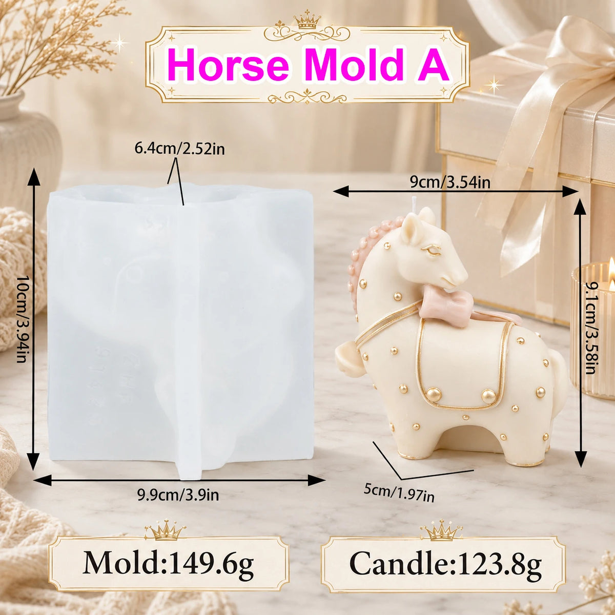 Horse Mold A diagram with bow-adorned horse example and separate tool and casting measurements