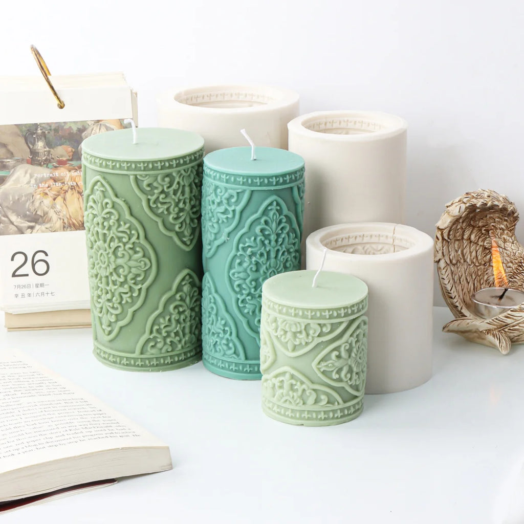 Vintage Floral Totem Cylinder Candle Silicone Mold DIY Creative Embossed Lace Pillar Candle Plaster Making Supplies Mould