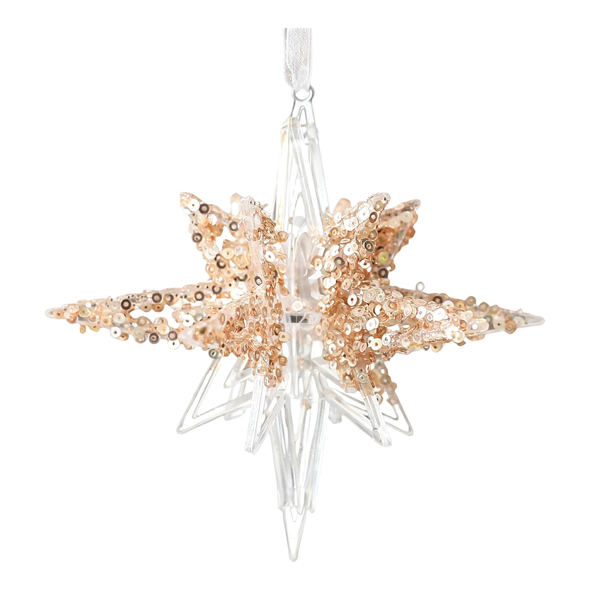 A clear glass star Christmas ornament decorated with rose gold sequins, hanging against a solid white background.