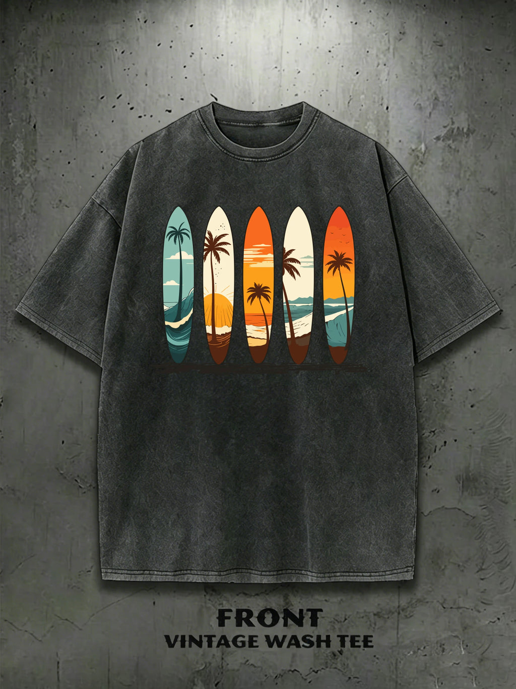 T-Shirt Surfboard Retro Surf Coconut Tree Vintage Wash Graphic Tee