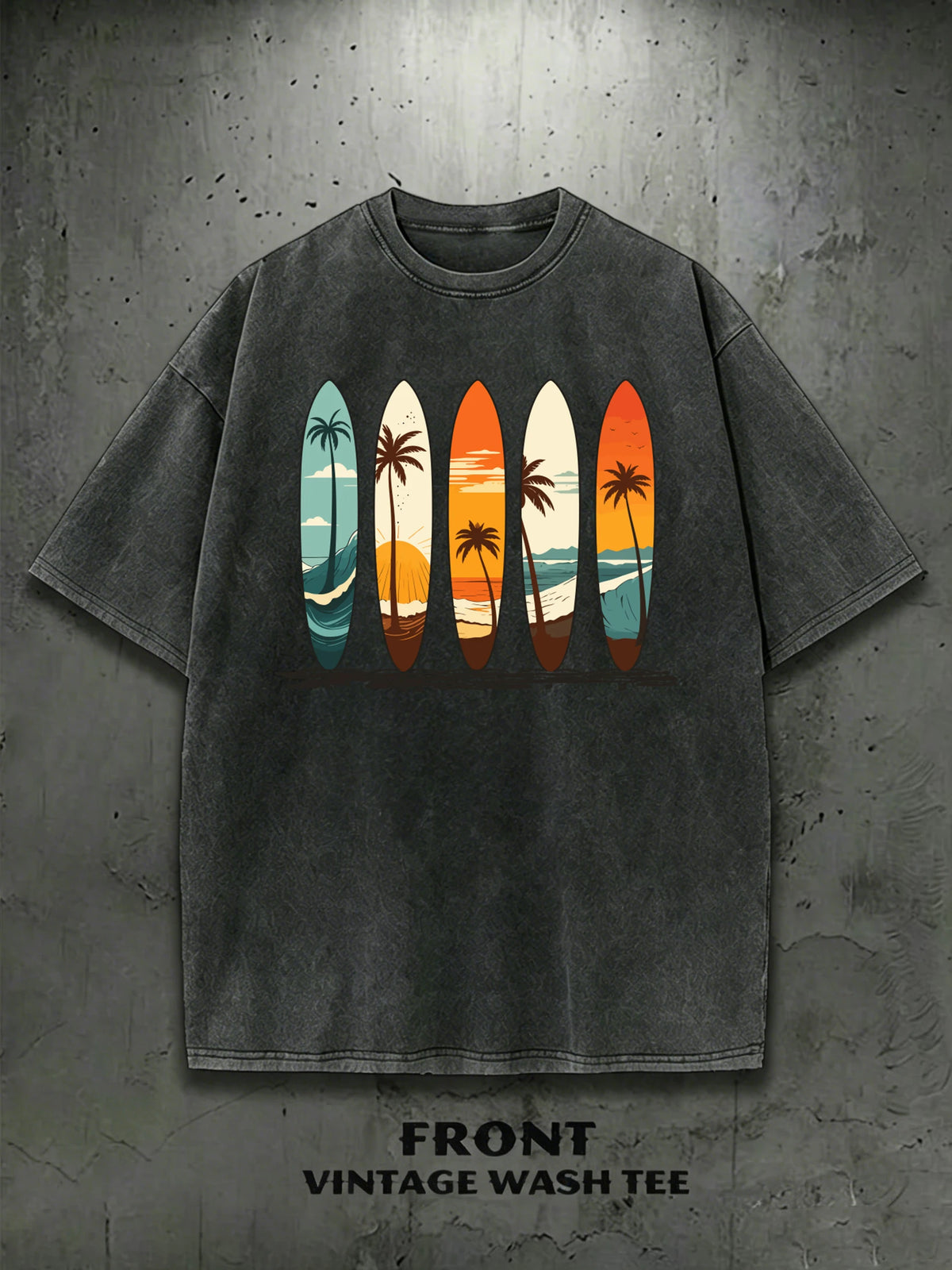 T-Shirt Surfboard Retro Surf Coconut Tree Vintage Wash Graphic Tee