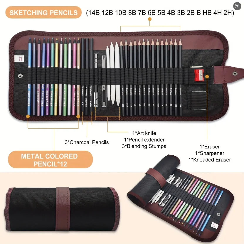 29-Piece Drawing & Sketching Kit with Portable Roll Case