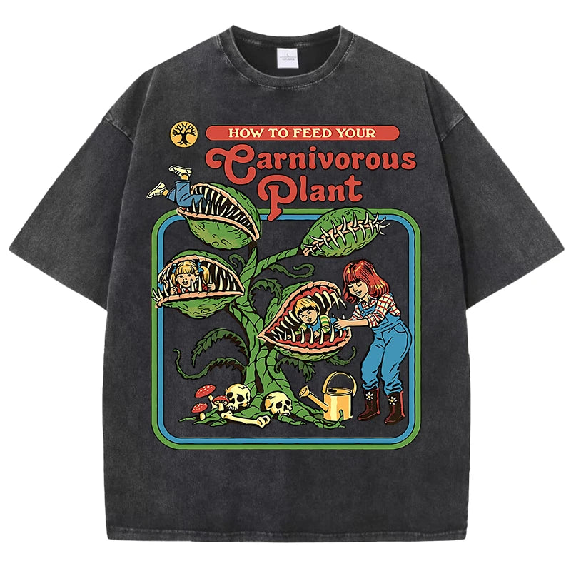 T-Shirt Unisex Carnivorous Plant Print Washed Cotton Crewneck Short Sleeve