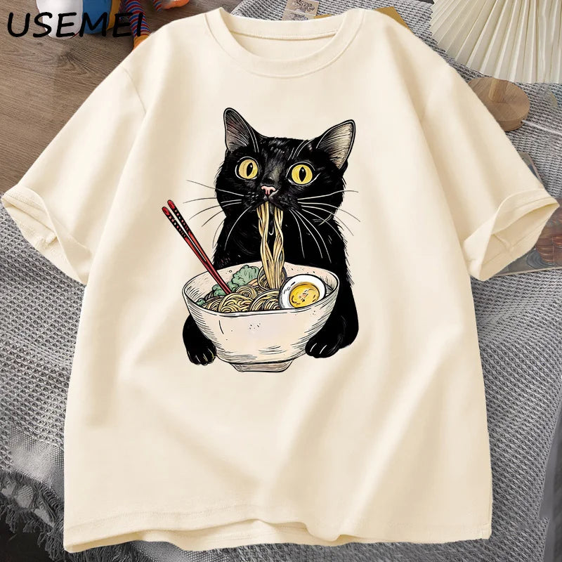 T-Shirt Ramen Cat Graphic Cotton Short Sleeve Funny Black Cat Foodie Tee