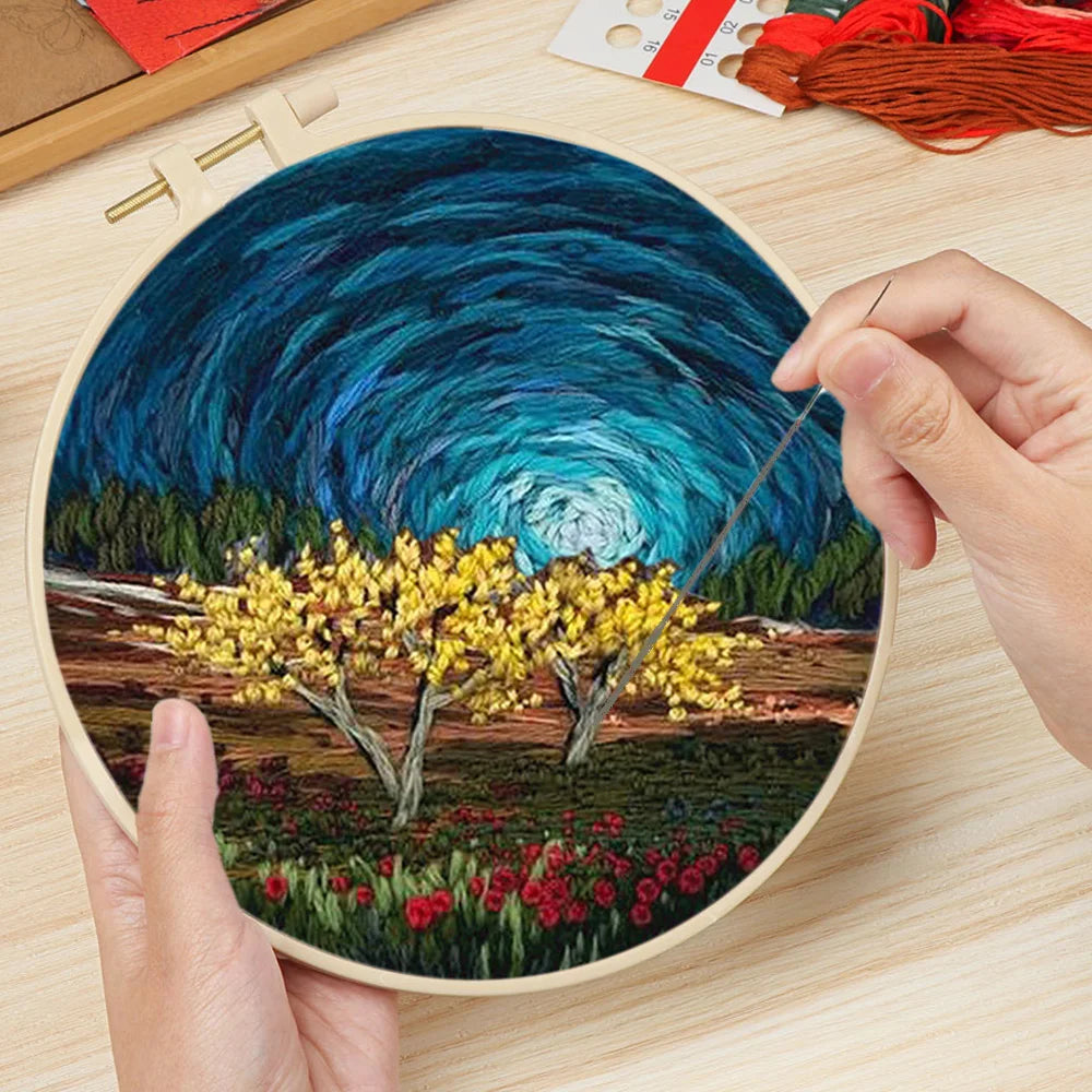 Embroidery Kit, Scenery Patterns with Hoop for Beginner Needlework Crafts