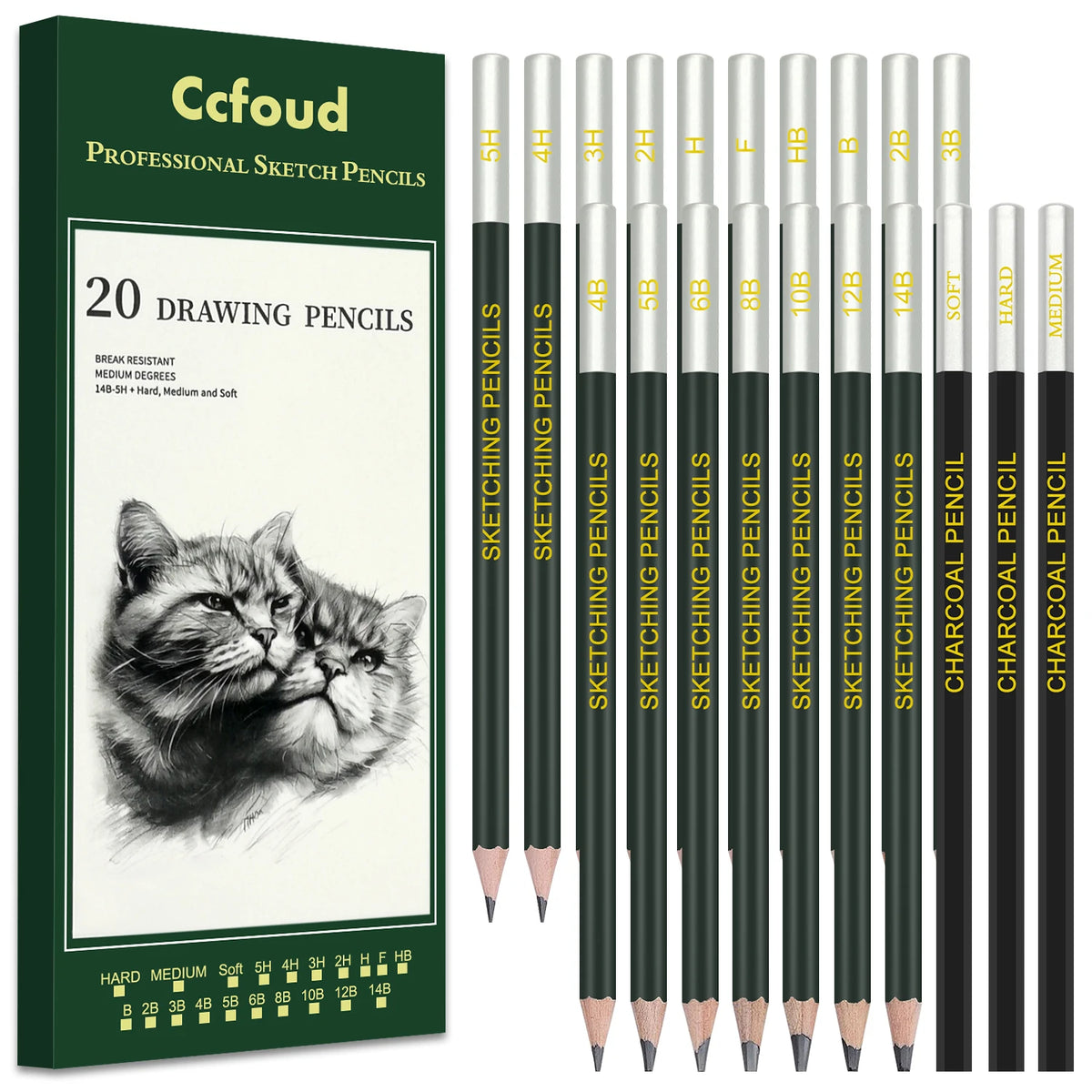 Charcoal Pencil Drawing Set — 10 to 20 Pieces, Black & White, S/M/H Grades