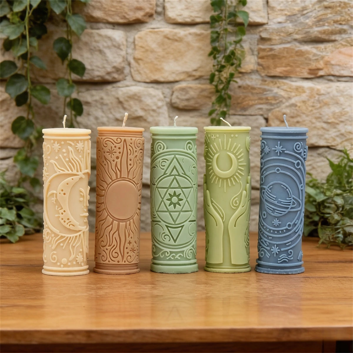 3D Relief Sun Moon Star Pillar Candle Mold Silicone Astrology Witchcraft Candle Making Mould for DIY Soy Wax Candles Home Decor