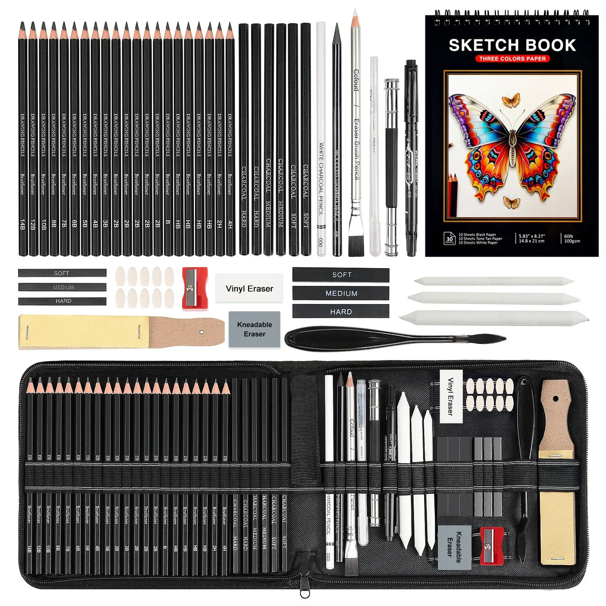 Drawing & Sketching Kit with Sketchbook — 46, 58, 60 or 68 Pieces