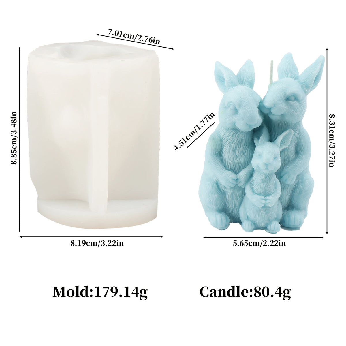 Three-rabbit family mold and example casting diagram with separate dimensions and weights