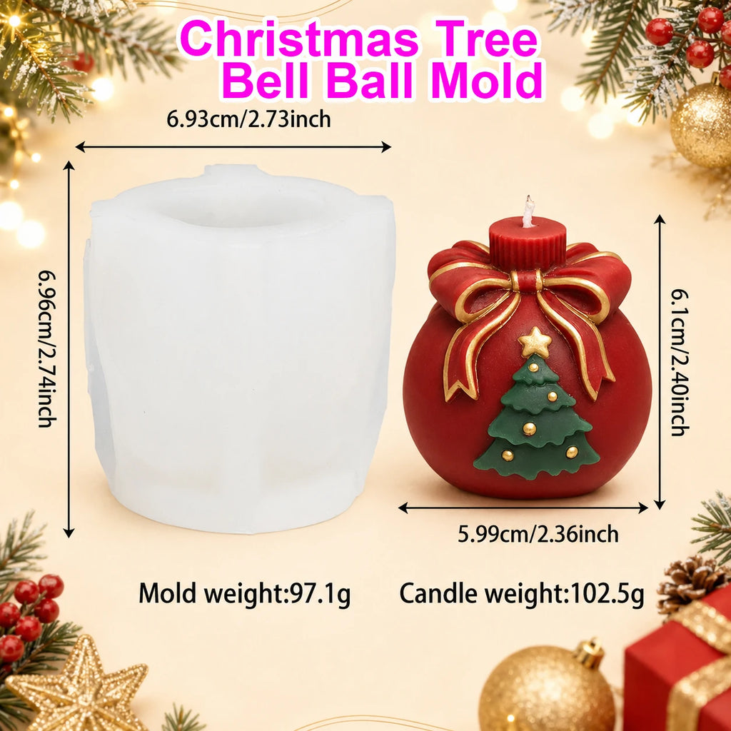A Christmas tree bell ball mold shown alongside a decorated red candle that resembles a Christmas sack with a green tree and gold bow. The image includes dimension labels, product weights, and festive holiday decorations in the background.