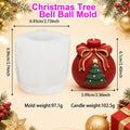 A Christmas tree bell ball mold shown alongside a decorated red candle that resembles a Christmas sack with a green tree and gold bow. The image includes dimension labels, product weights, and festive holiday decorations in the background.