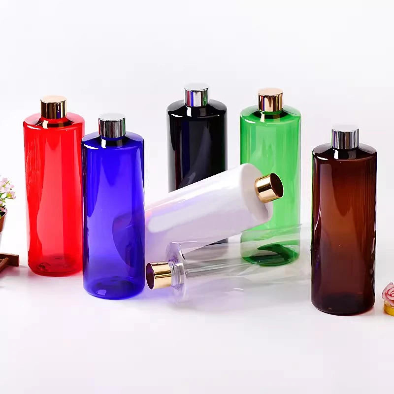 Colored PET bottles with gold-tone and silver-tone screw caps
